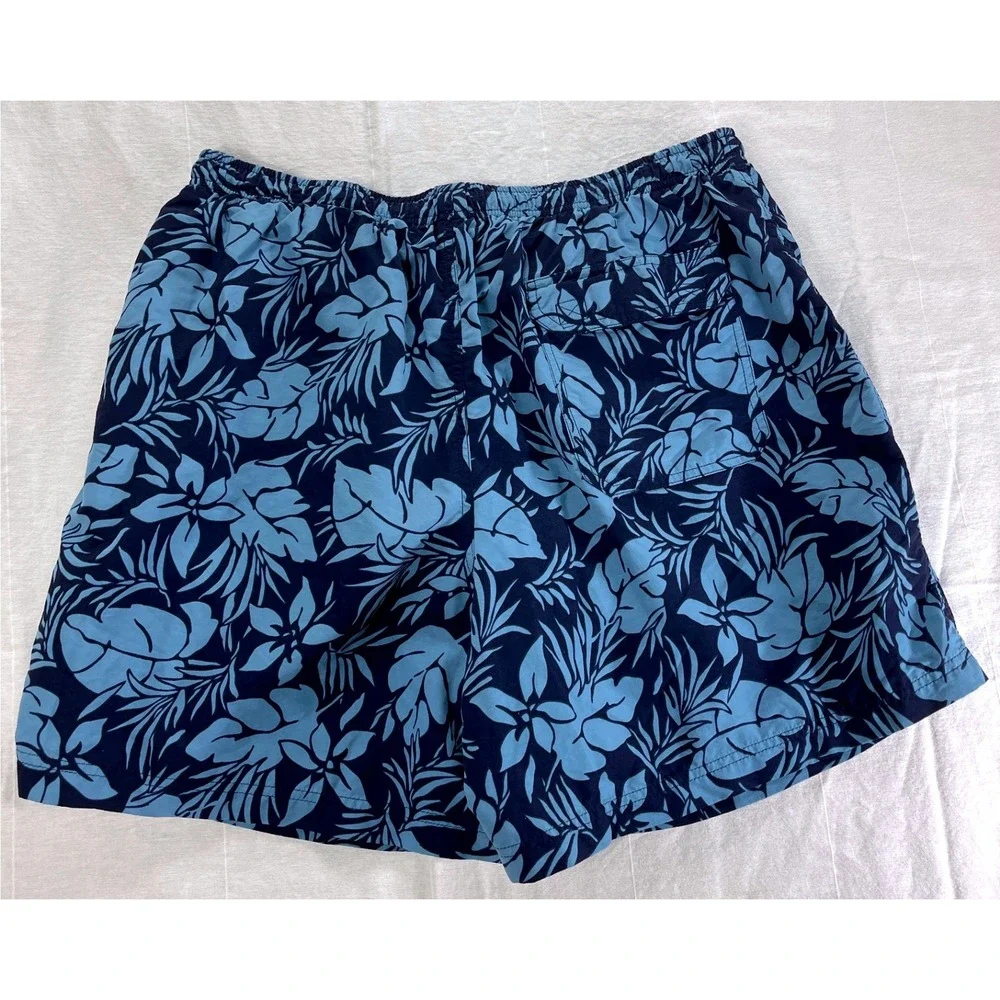LL‎ Bean Mens Swim Trunks Shorts Floral Print Blue Nylon Lined Size S